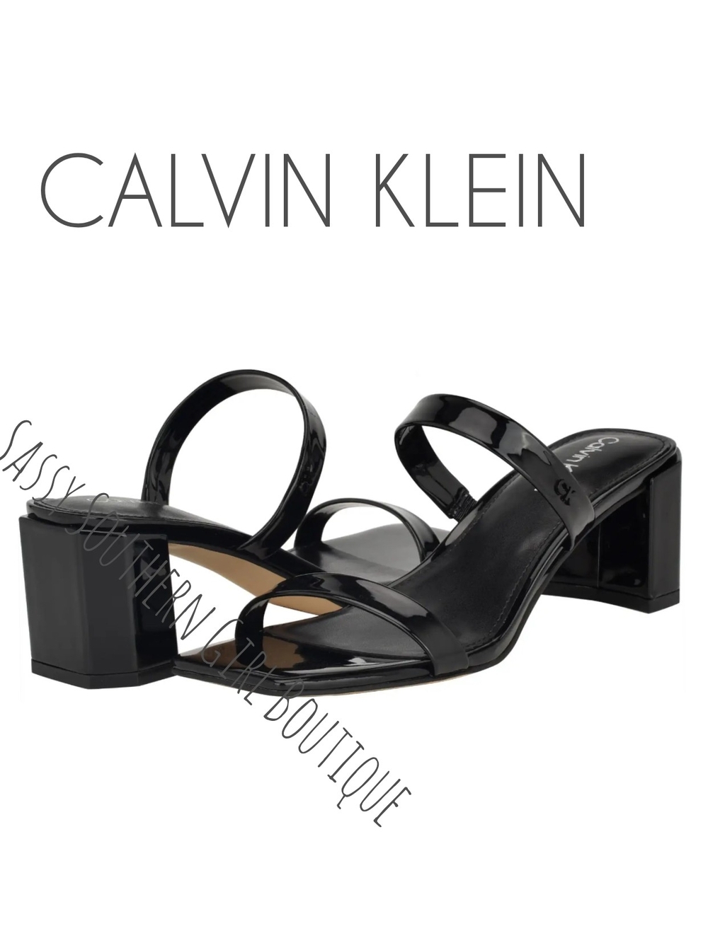 🆕⭐Calvin Klein Black Patent Strappy Block Heel Sandals